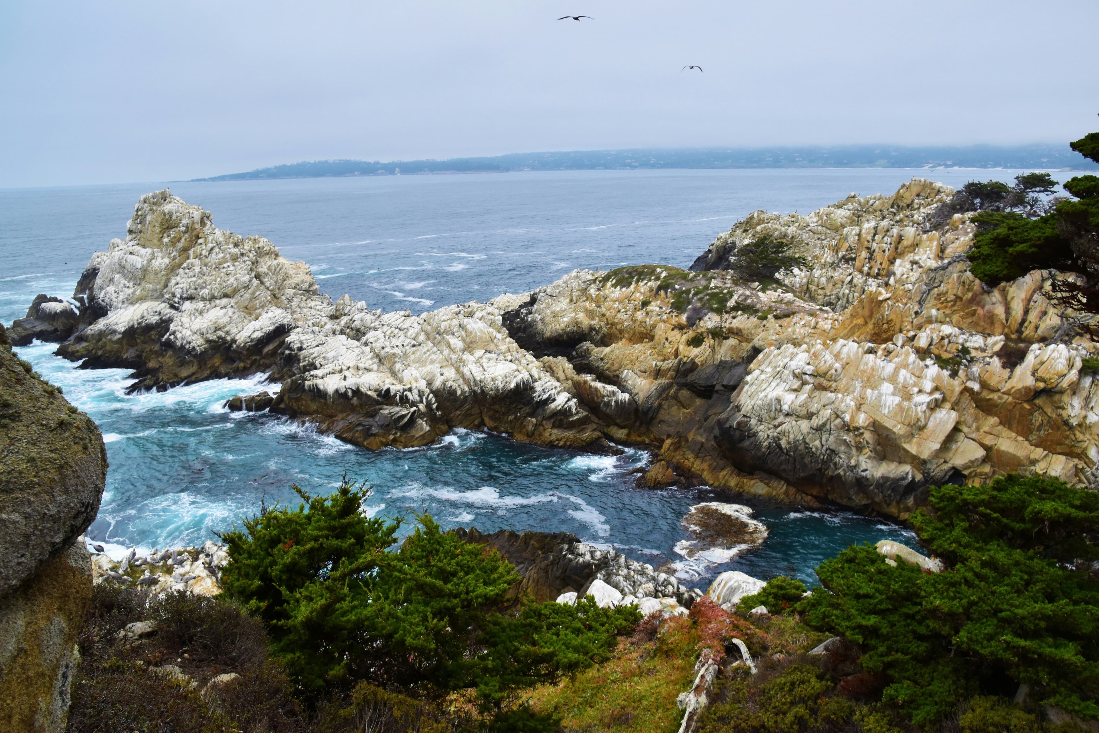 Rocky coastline with waves crashing against cliffs and a cloudy sky.