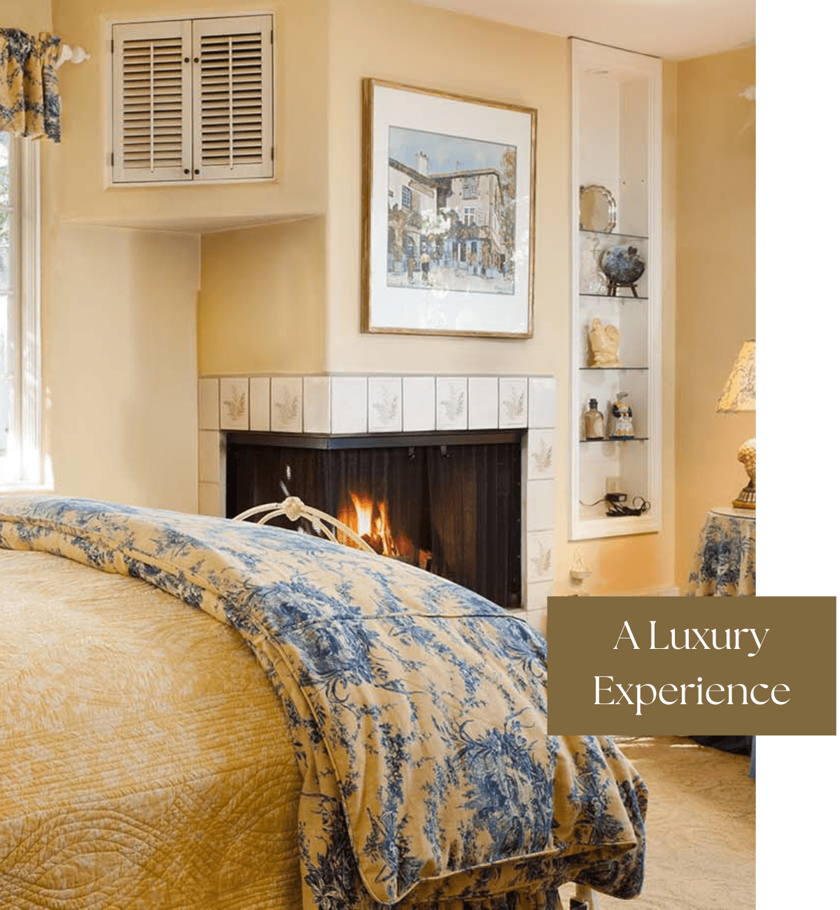 Cozy bedroom featuring a fireplace and elegant decor.