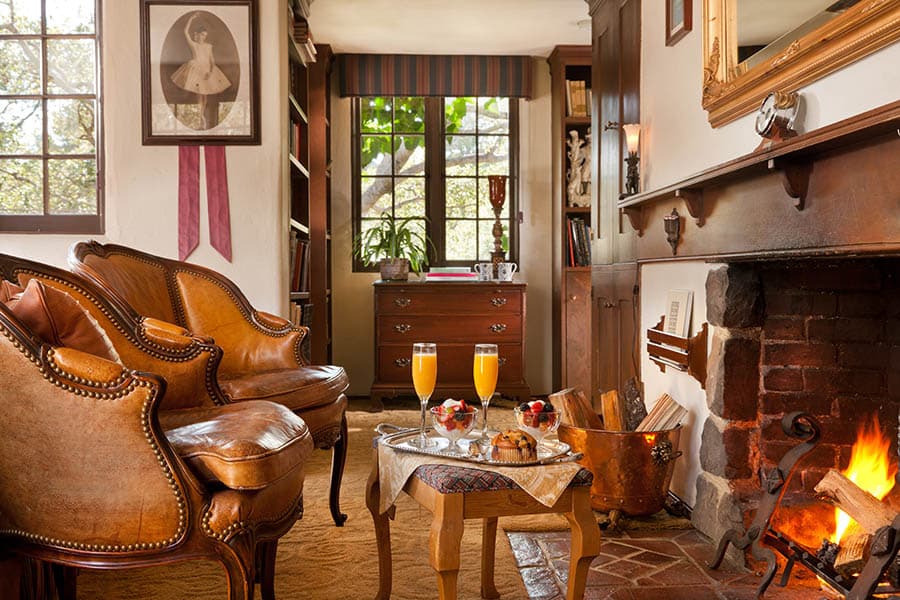 Library Room with chairs and fireplace
