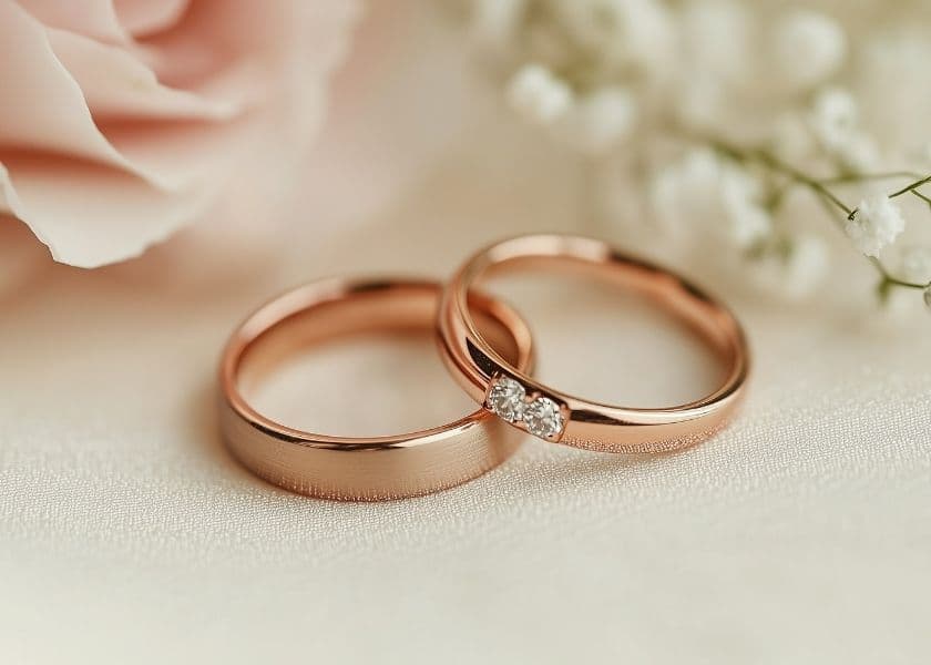 Rose gold wedding bands resting beside soft flowers and delicate white blossoms.