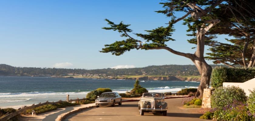 Coastal road lined with trees and ocean views, with two vintage cars driving along the shoreline.