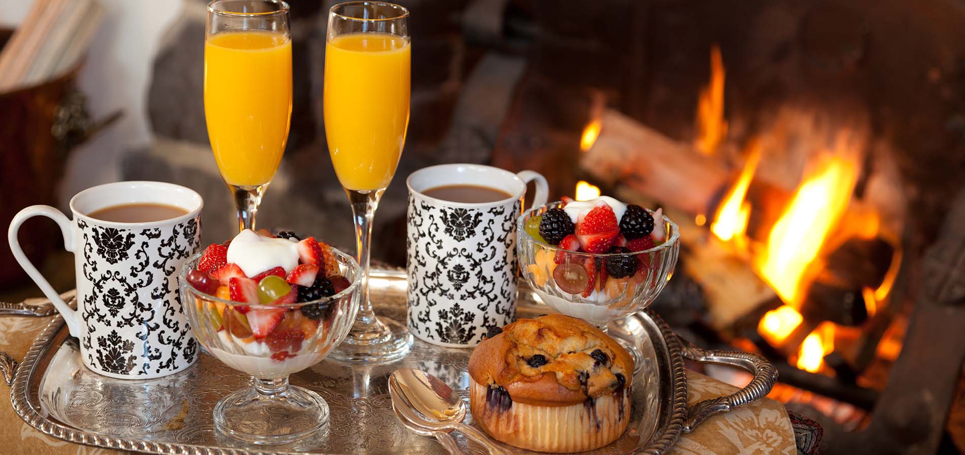 breakfast in front of fireplace