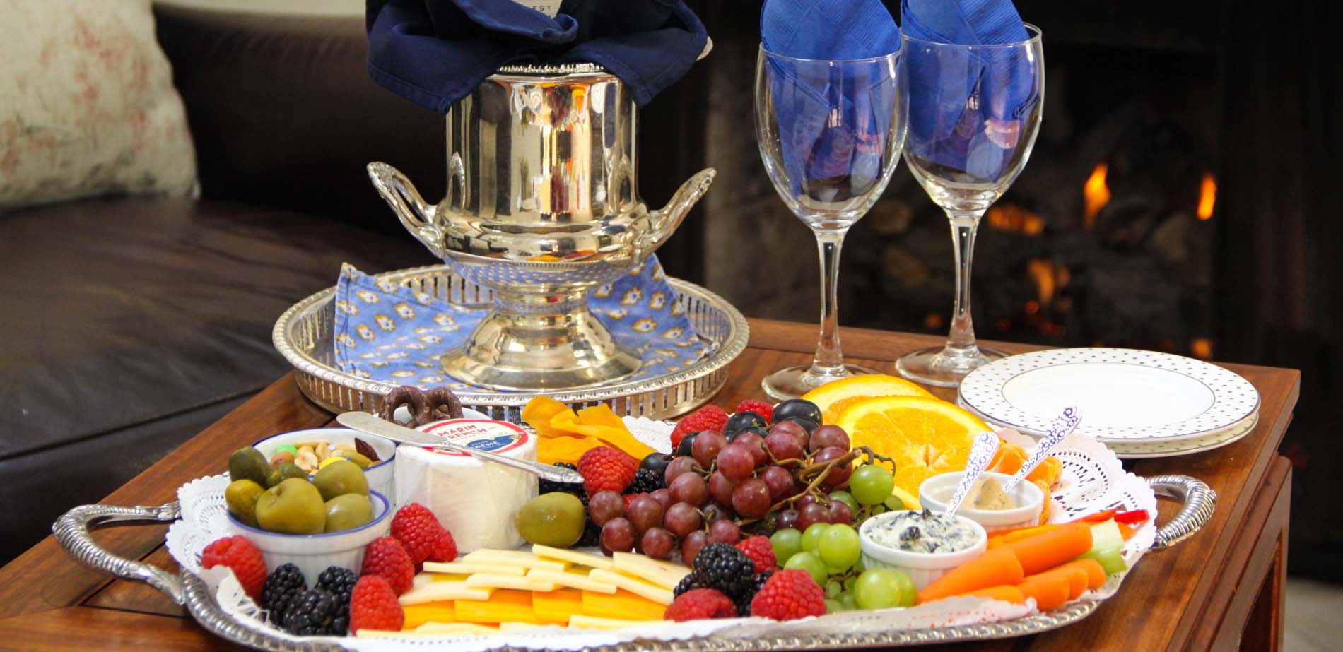 wine, cheese, fruit platter